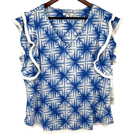NEW NWT MSRP $70 Chicos Sz 3 XL 100% LINEN Blue Ruffle Blouse Shirt Top Beach - Picture 1 of 7